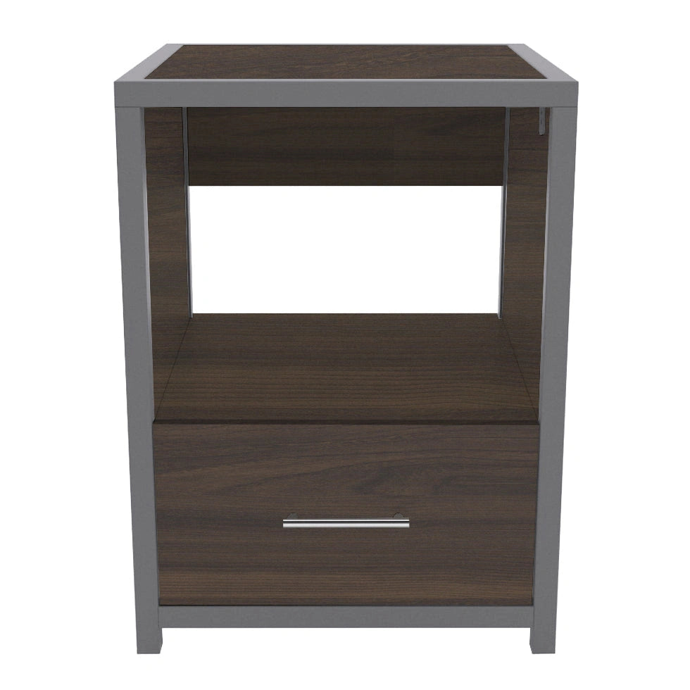 Alpha nightstand with dark wood grain, grey metal frame, open shelf, and drawer