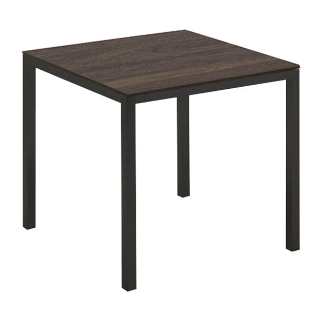 Alpha Square Dining Table with sturdy matte black metal legs and dark brown wood laminate top