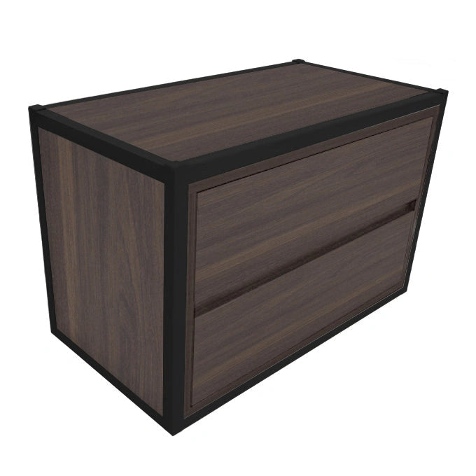 Dark walnut finish two-drawer stackable storage chest with black framing