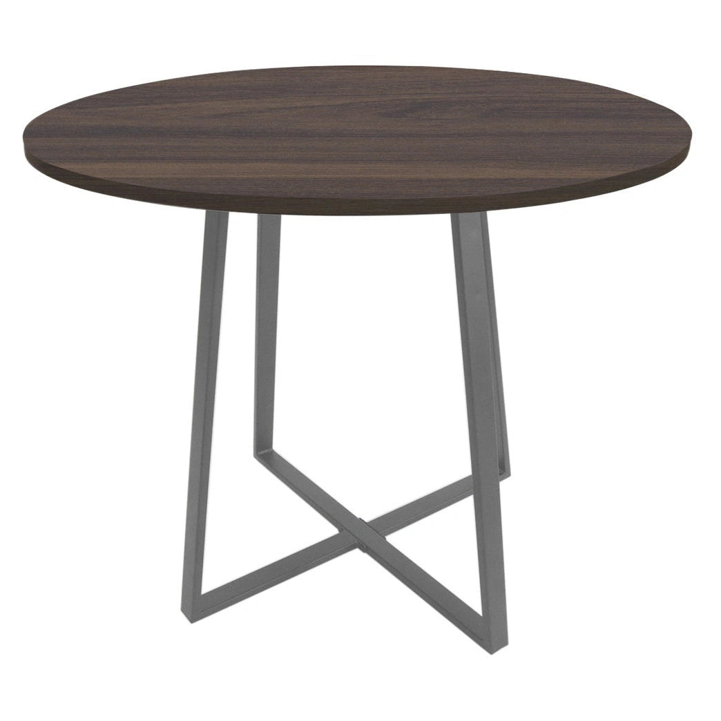 Austin round dining table with dark brown wood top and grey X-shaped metal base