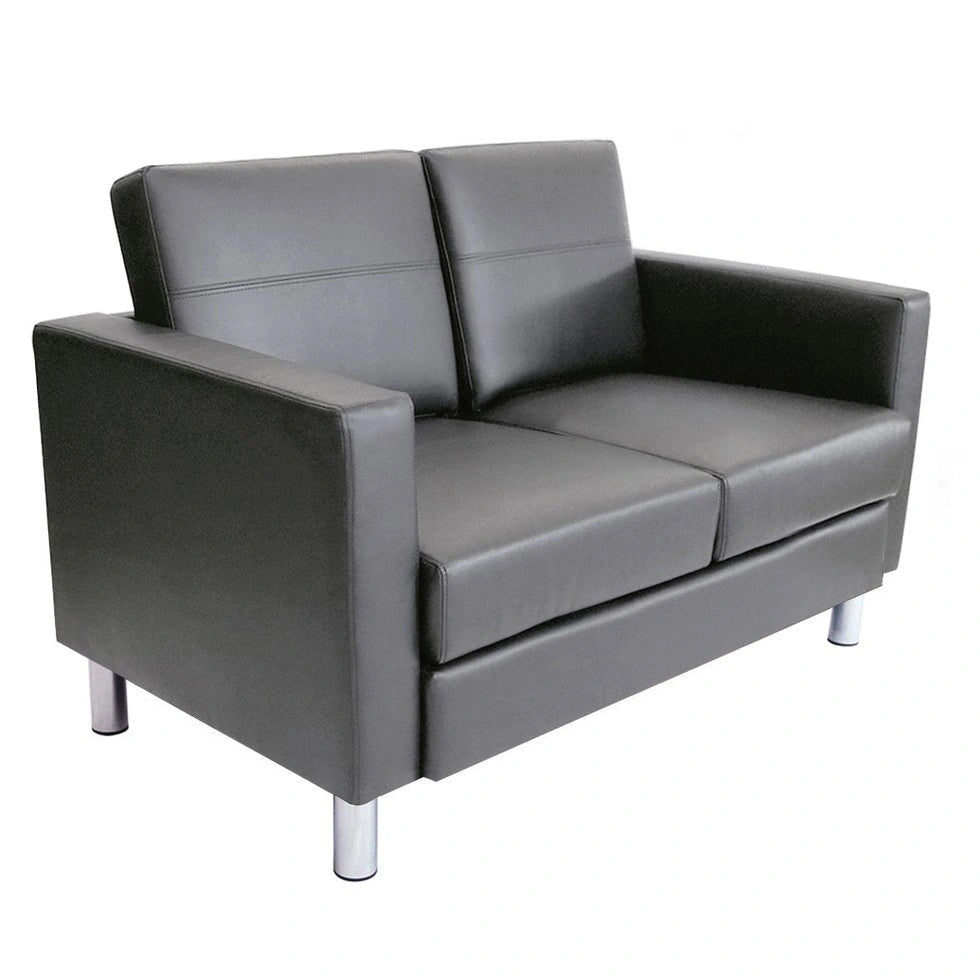 Dark grey upholstered Austin loveseat with horizontal stitching detail