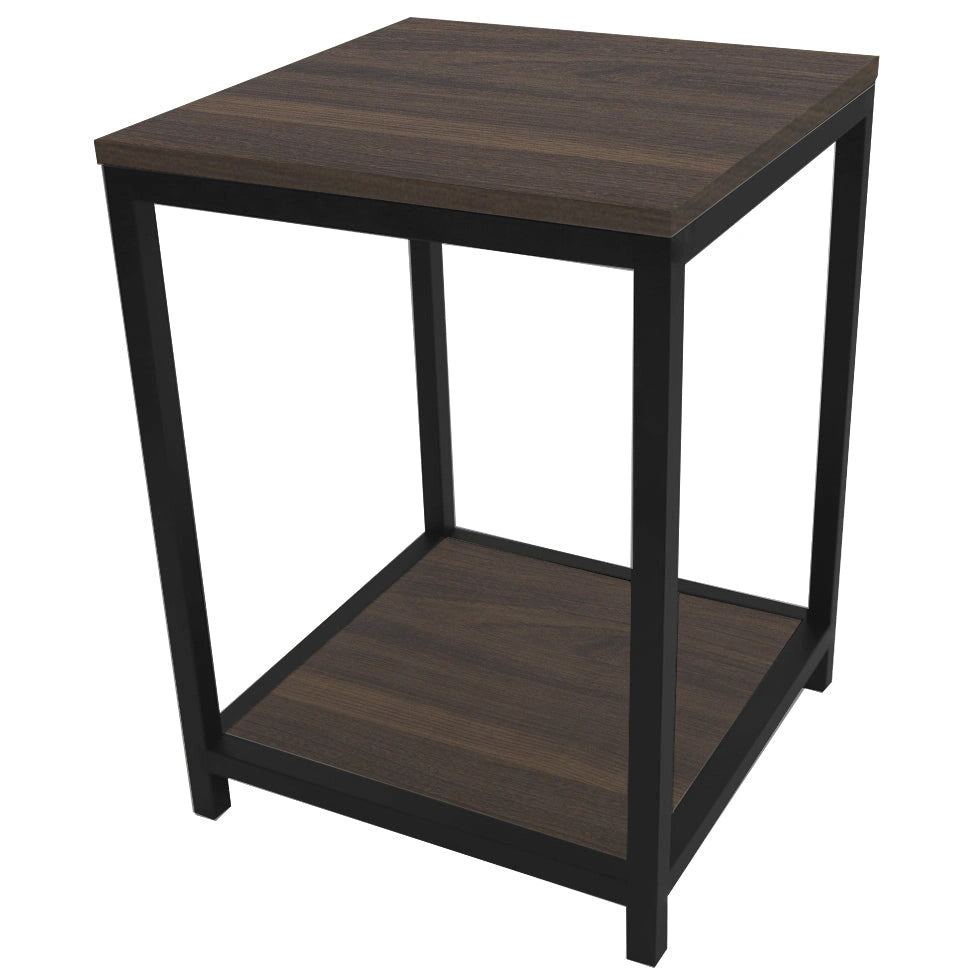 Dark brown wood and black metal frame nightstand angle