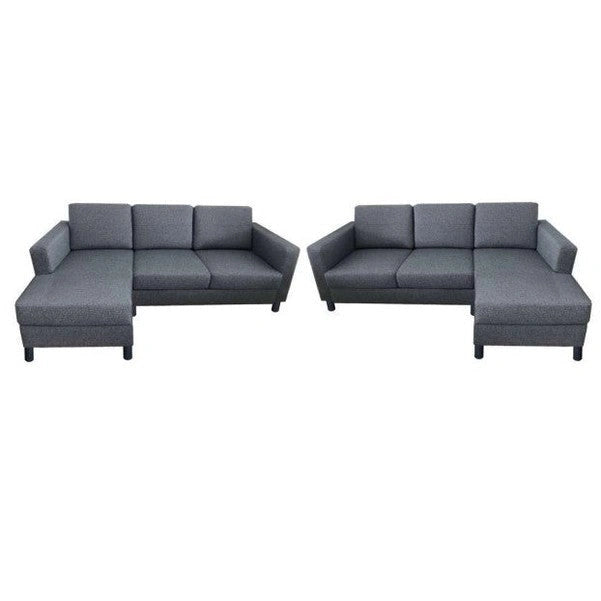 Grey fabric sectional sofa showing left and right chaise configurations