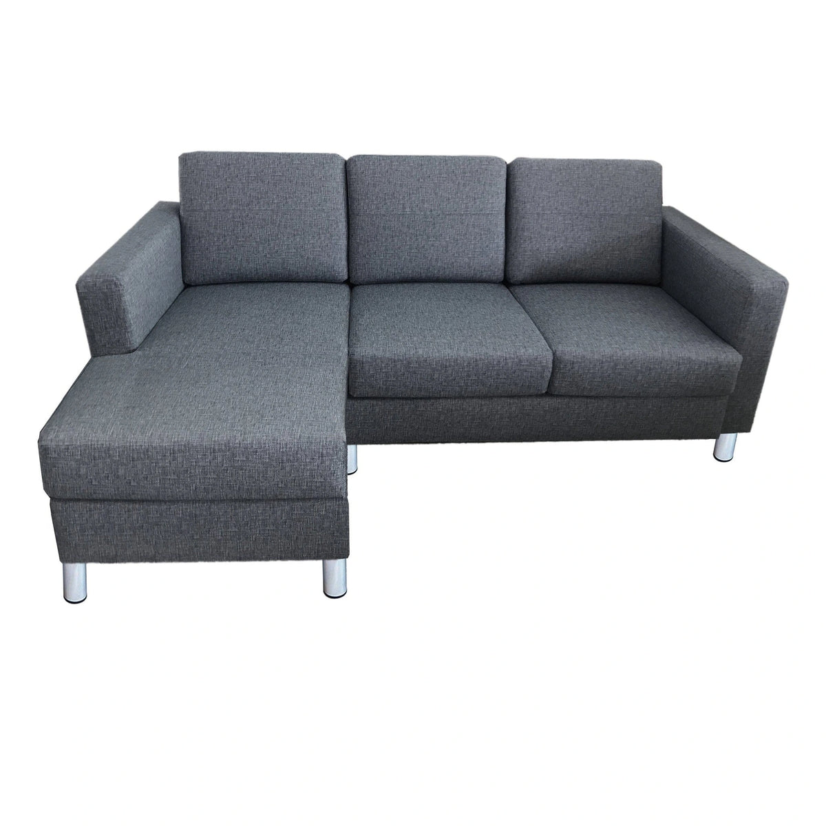 Grey textured fabric sectional sofa with left chaise and silver metal legs