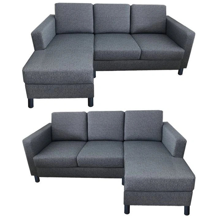 Grey fabric sectional sofa with right chaise and short black cylindrical legs