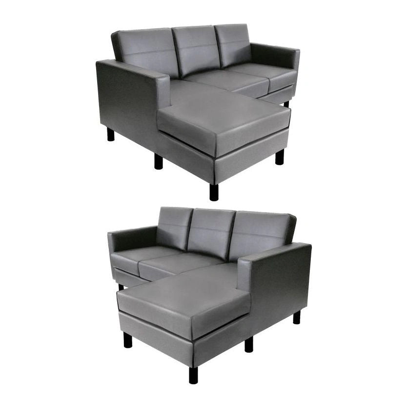 Medium grey vinyl sectional sofa with seam details and black legs