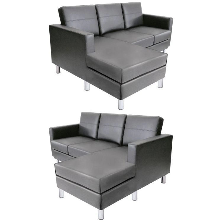 Dark grey vinyl sectional sofa with horizontal stitching and silver legs