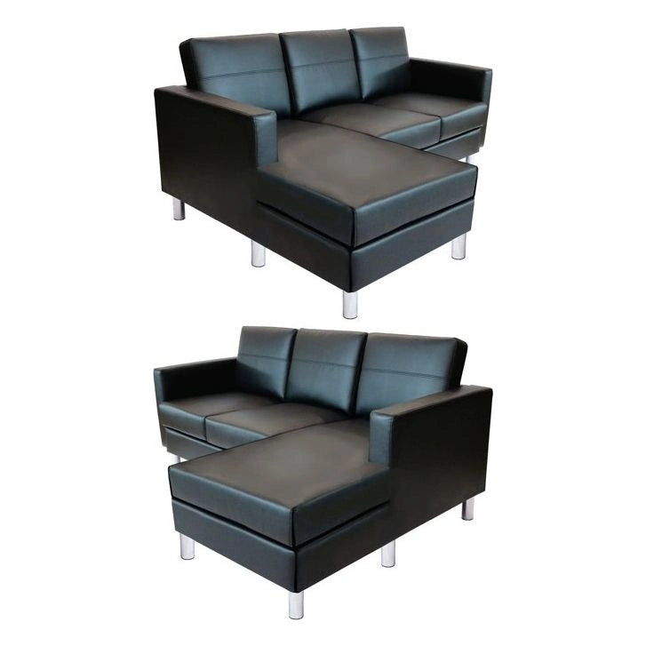 Black vinyl L-shaped sectional sofa with smooth upholstery and silver legs