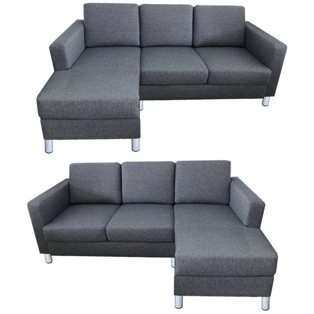 Grey fabric L-shaped sectional sofa with left chaise and silver metal legs