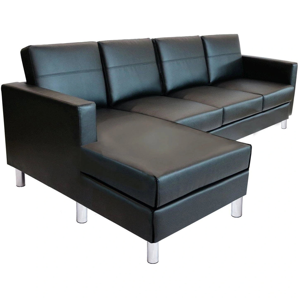 Black modern boxy sectional sofa with left chaise and horizontal seam details