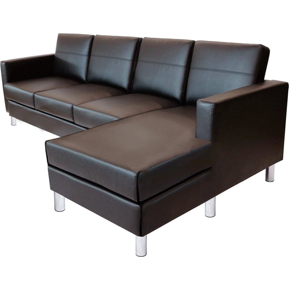 Dark brown leather 4-seater sectional sofa with right chaise and silver legs