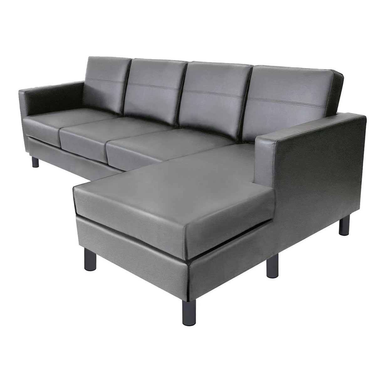 Dark grey L-shaped sectional sofa with smooth leather-like finish and black legs