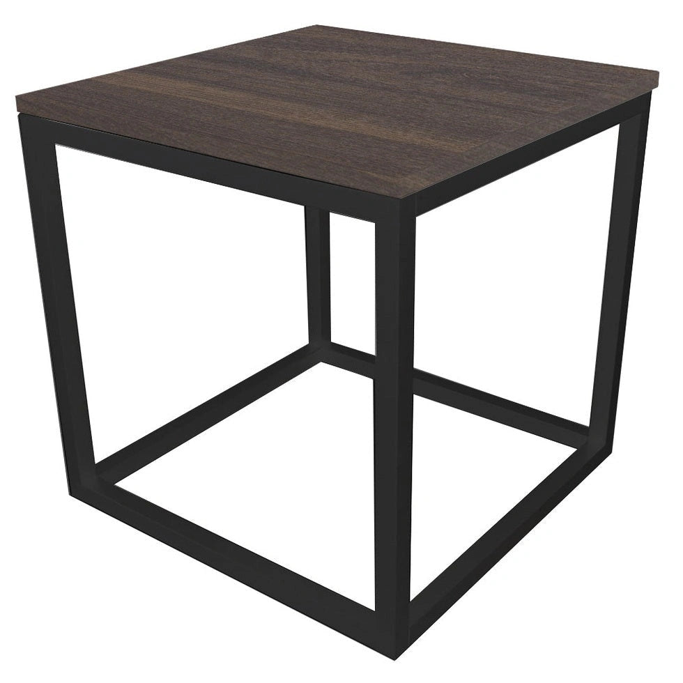 Modern end table featuring dark brown wood surface and sturdy black frame