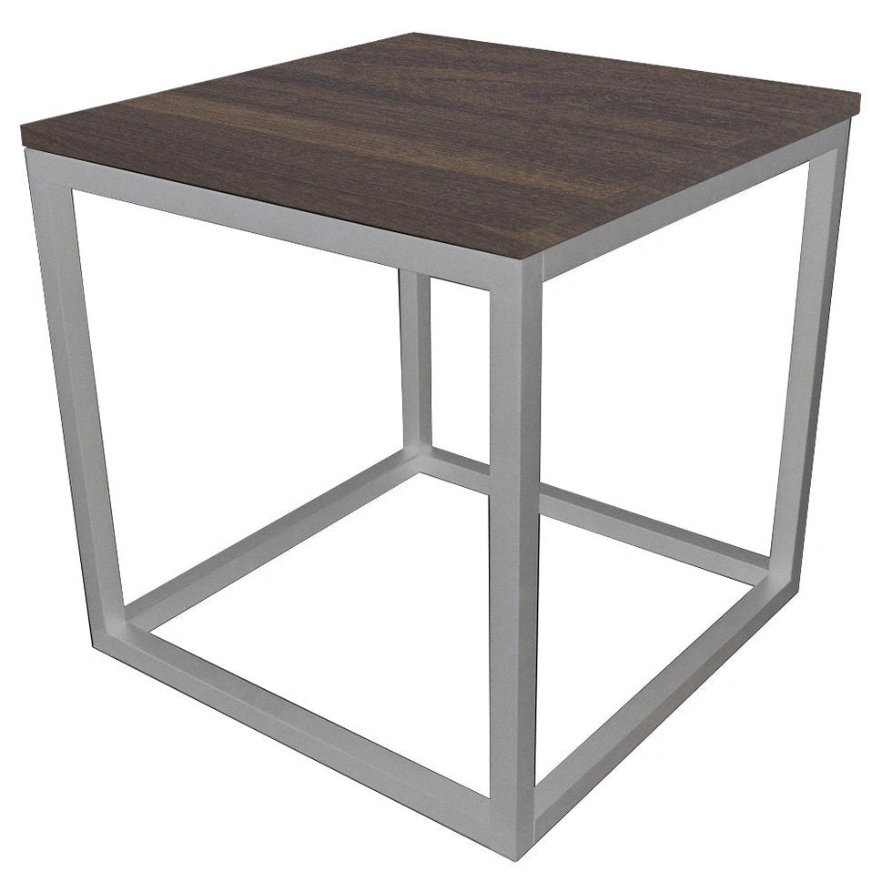 Walnut finish square table with contrasting silver minimalist metal base