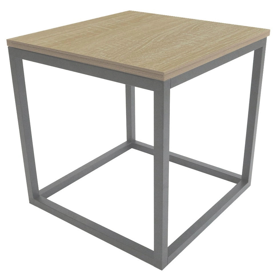 Light oak wood-grain side table with grey geometric metal frame