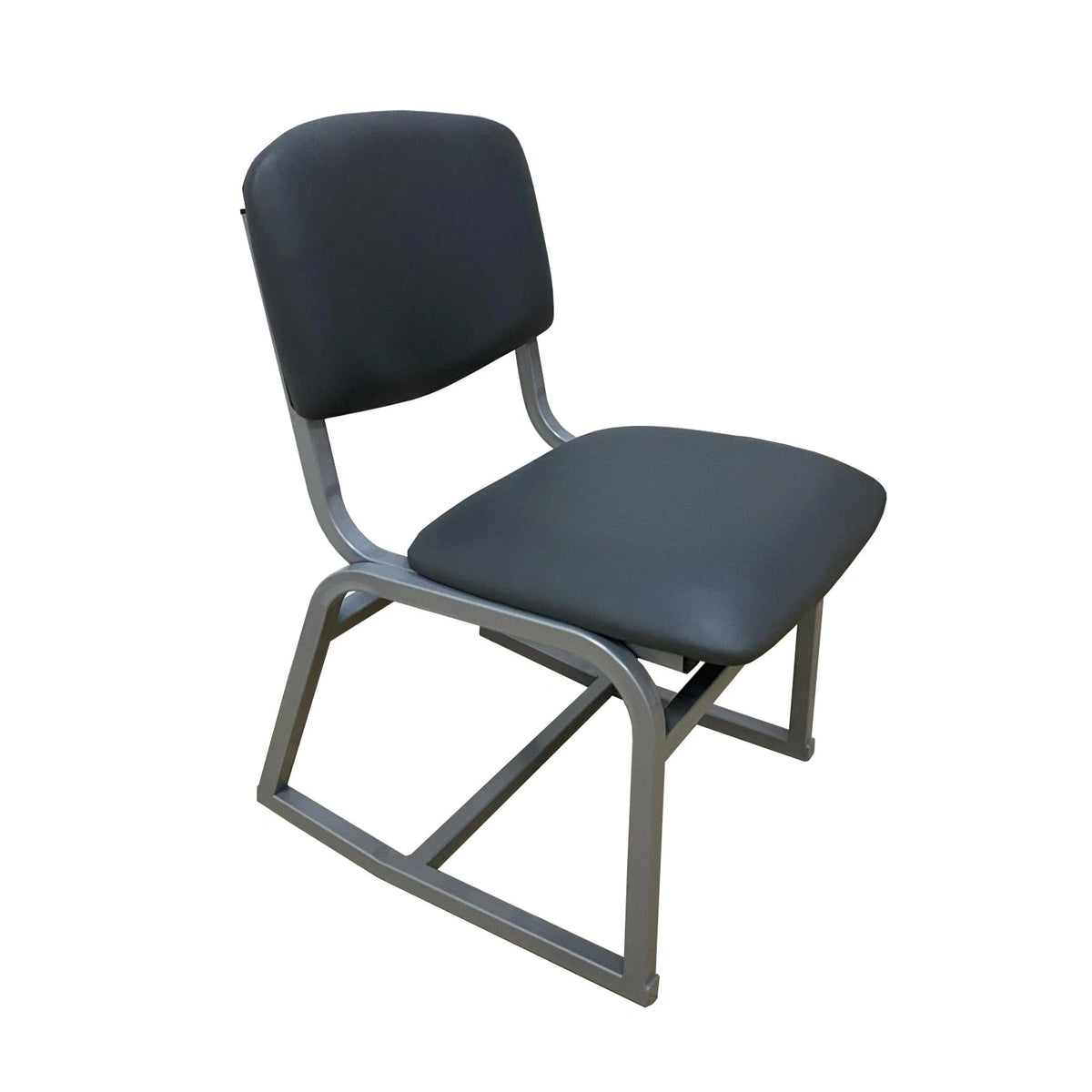 Grey Austin sled desk chair featuring dark grey padded upholstery and cross-braced steel legs