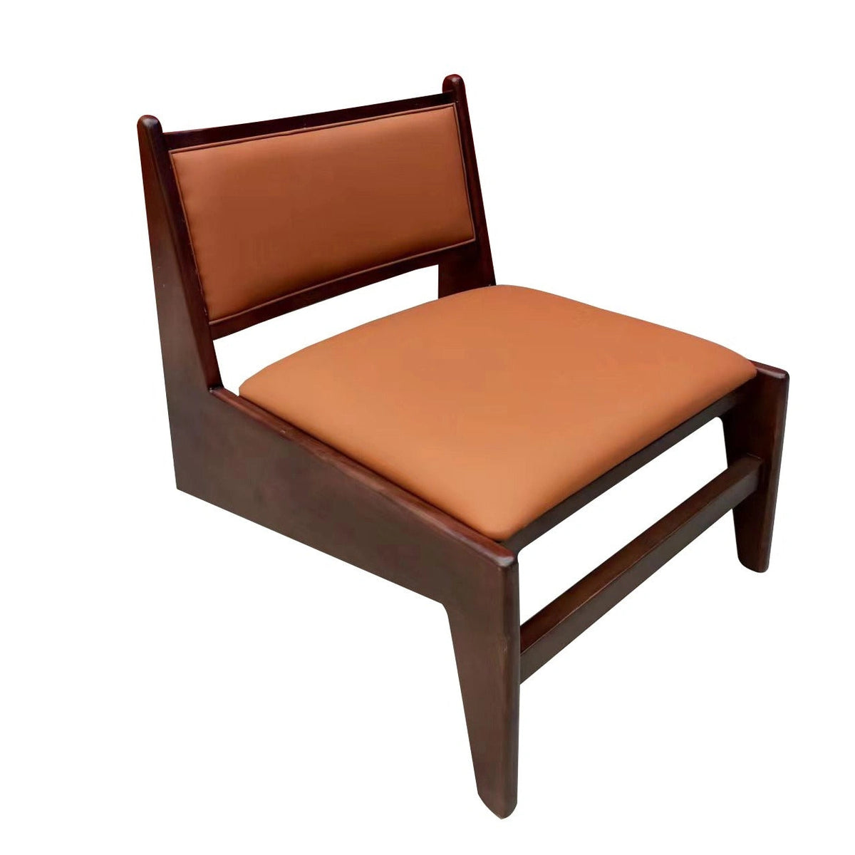 Mid-century modern accent chair with dark wood frame and tan upholstery