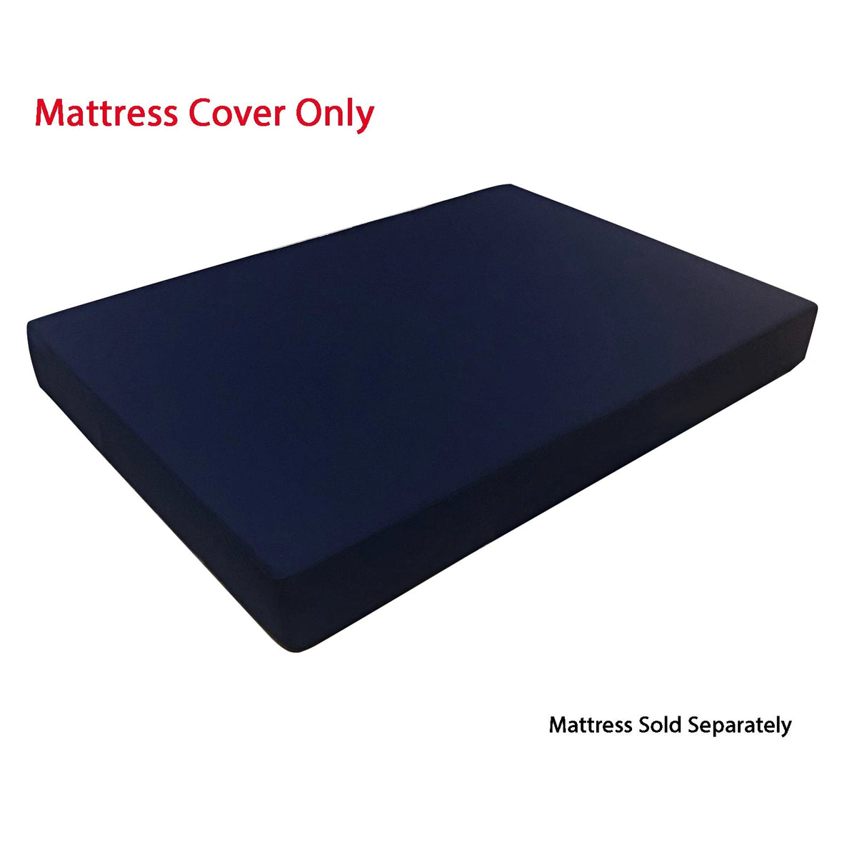 Dark navy fitted mattress cover stretched over rectangular block for fit demonstration