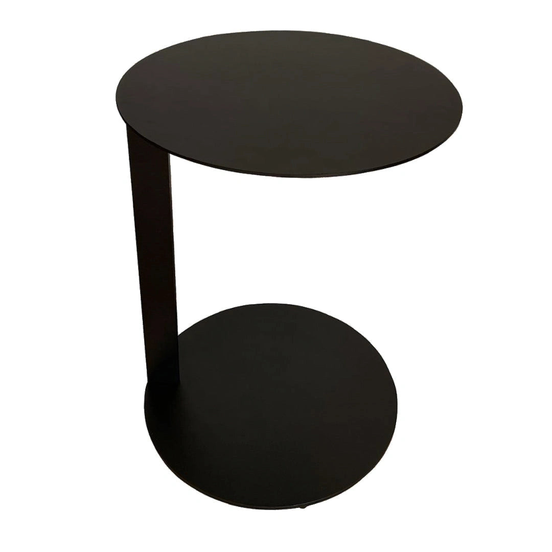 Black circular C-shaped end table with sleek metal design
