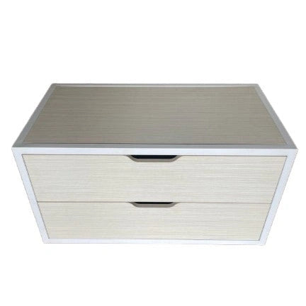 Metta 2-drawer stackable chest with light beige wood grain finish and white framing
