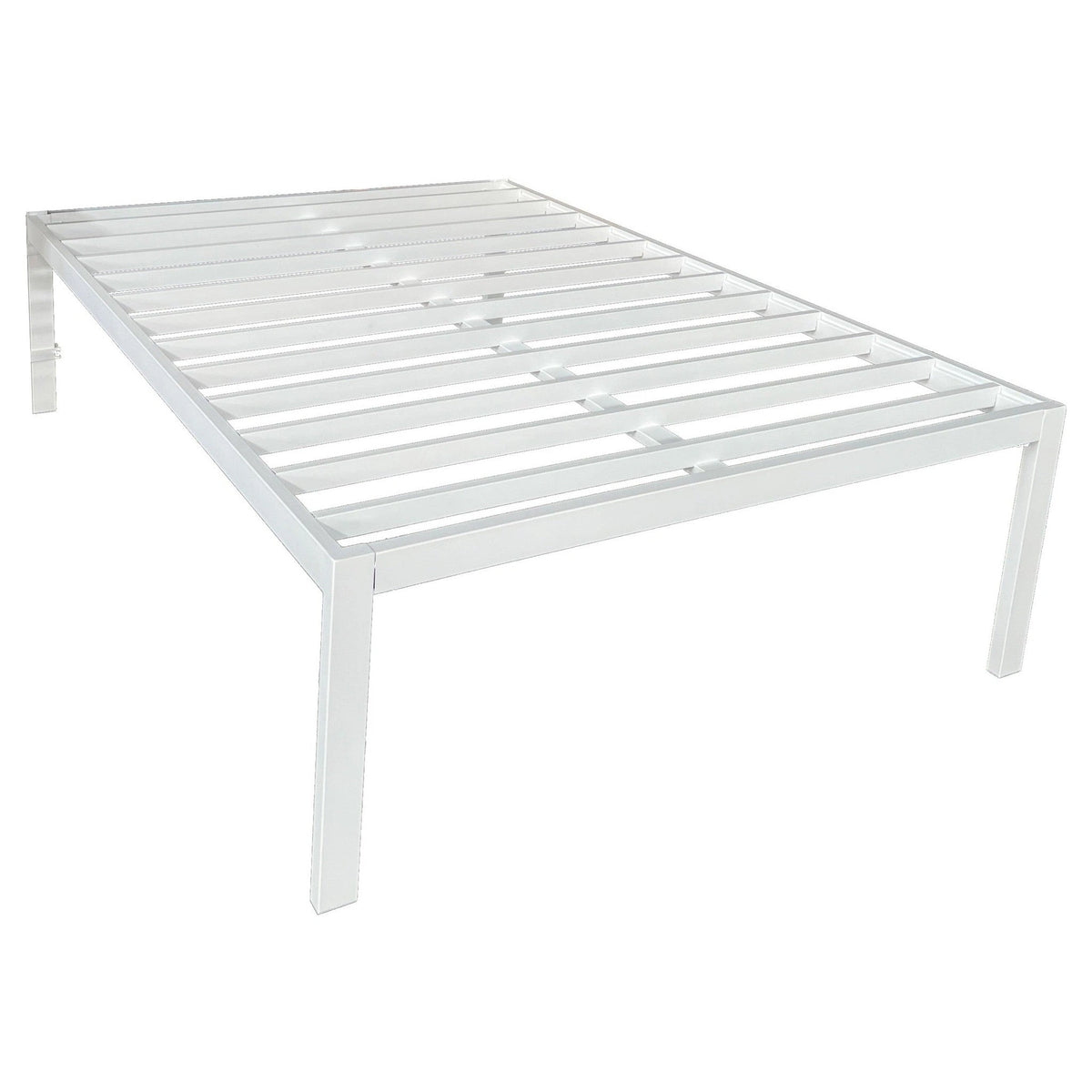 White metal Metta bedframe with minimalist horizontal slats and straight legs