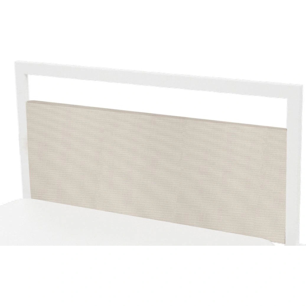 Close-up of white metal Metta headboard frame with textured beige fabric insert