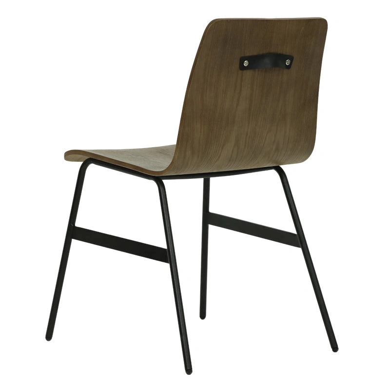 Brown wood grain Mod dining chair with black leather pull tab and metal sled base