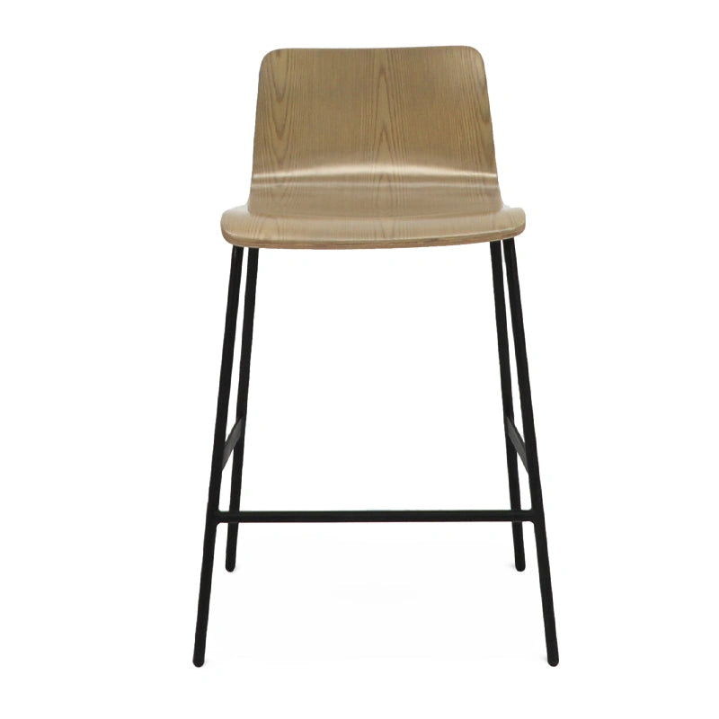 Front view of Mod Counter Stool with light wood seat and black metal frame