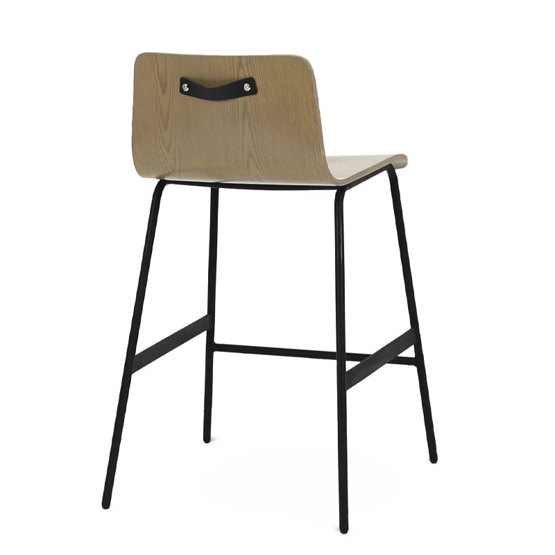 Rear view of counter stool featuring vertical wood grain and carrying handle detail