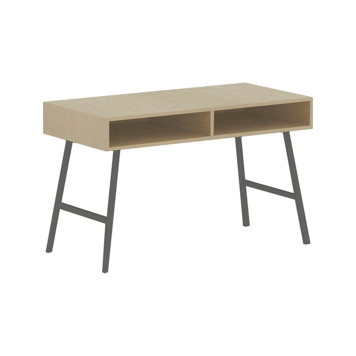 Light beige Mod desk featuring angled metal legs and open storage compartments