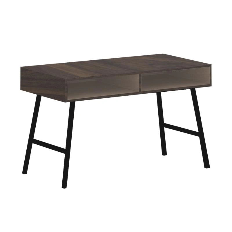 Dark walnut Mod desk with industrial steel frame and dual storage cubbies