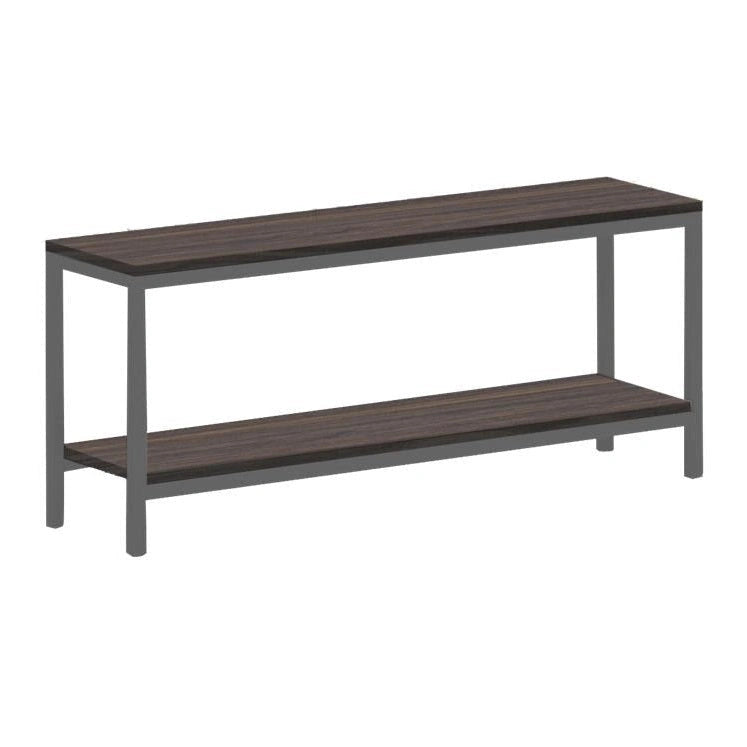 Dark grey tubular metal shelf unit with dark brown wood-effect surfaces