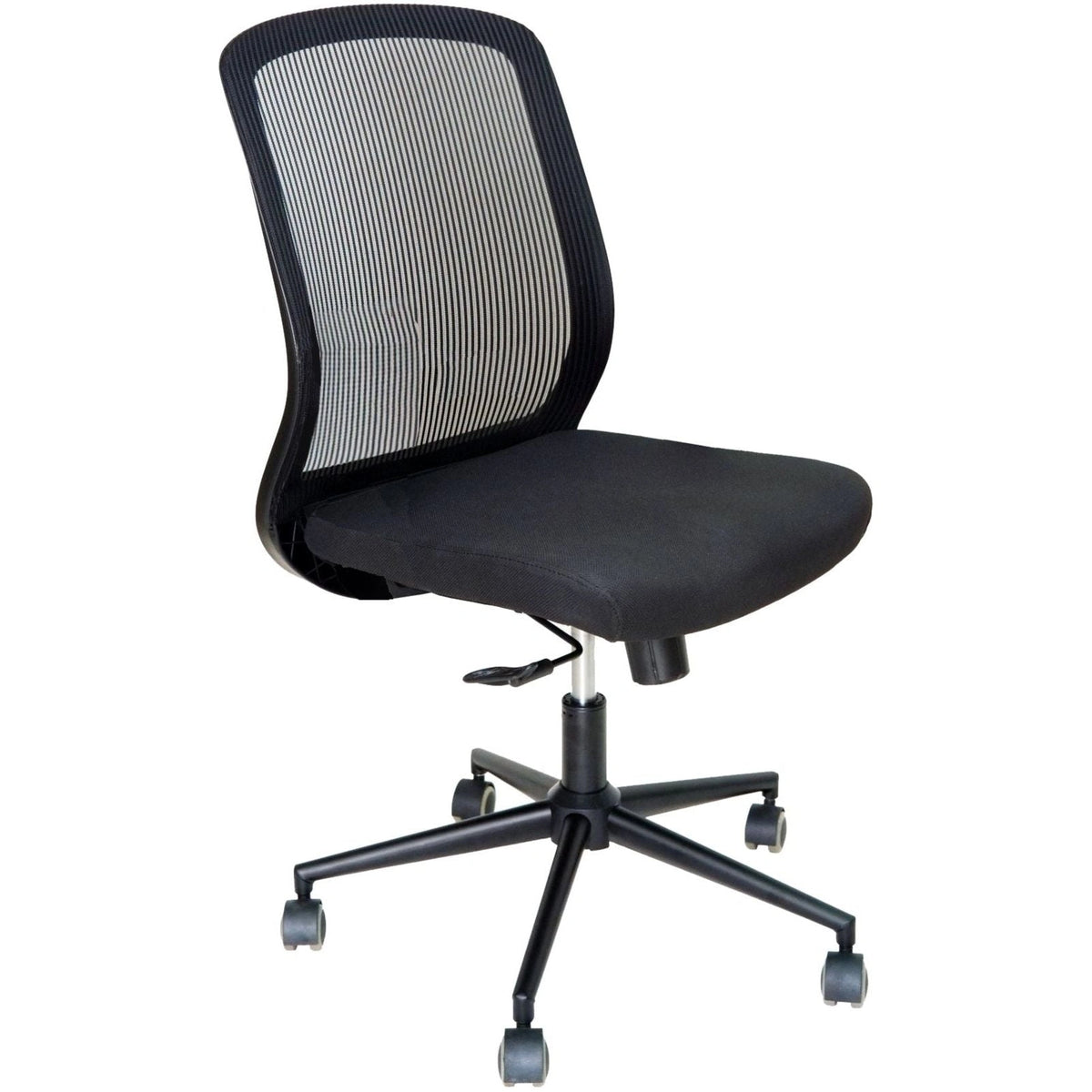 Black Pacific armless mesh desk chair with swivel base and rolling casters