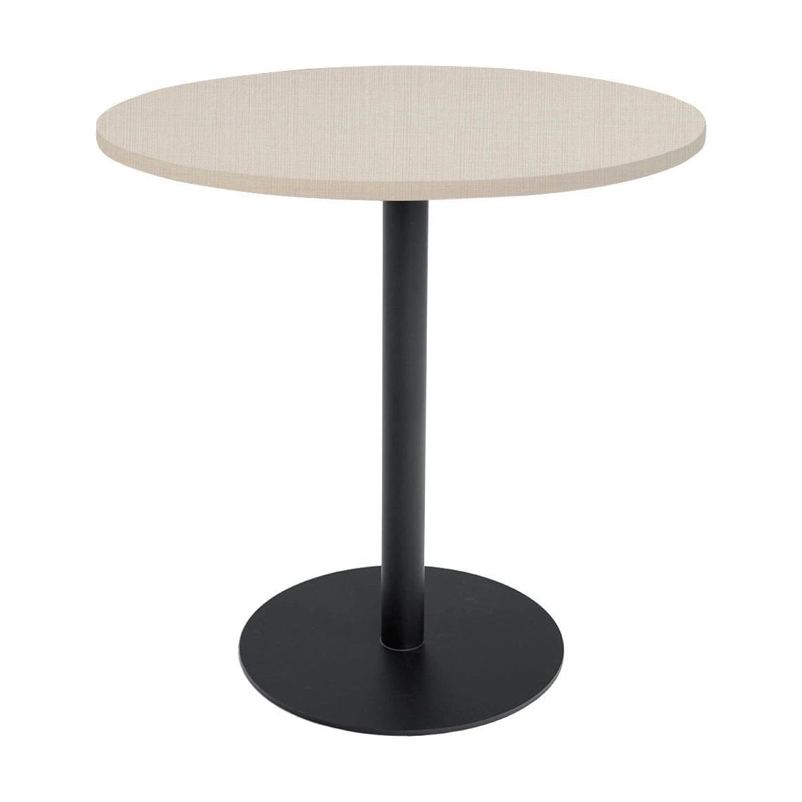 Pacific round dining table with speckled beige stone-effect top and black metal support