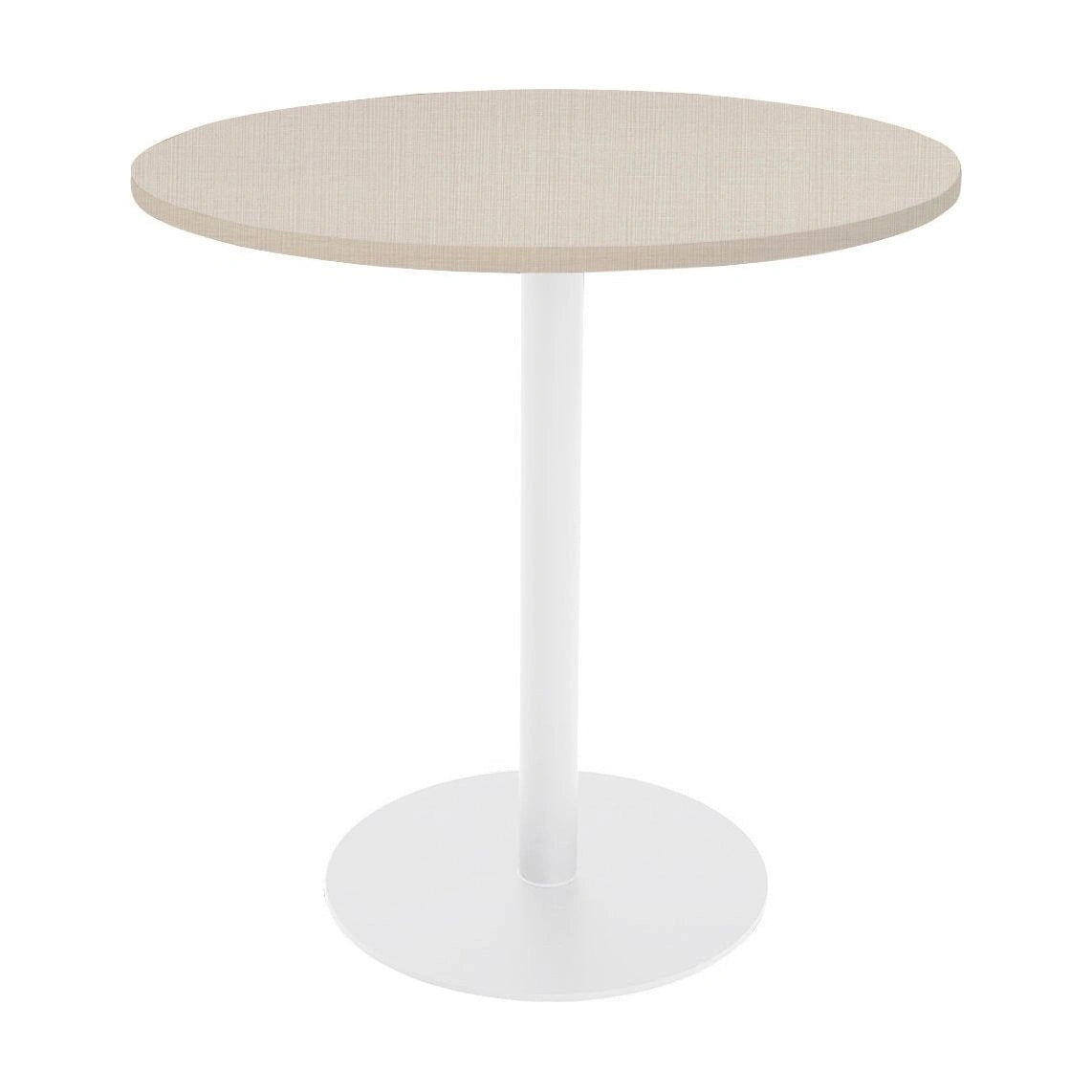 Pacific round dining table with neutral beige textured surface and white cylindrical leg