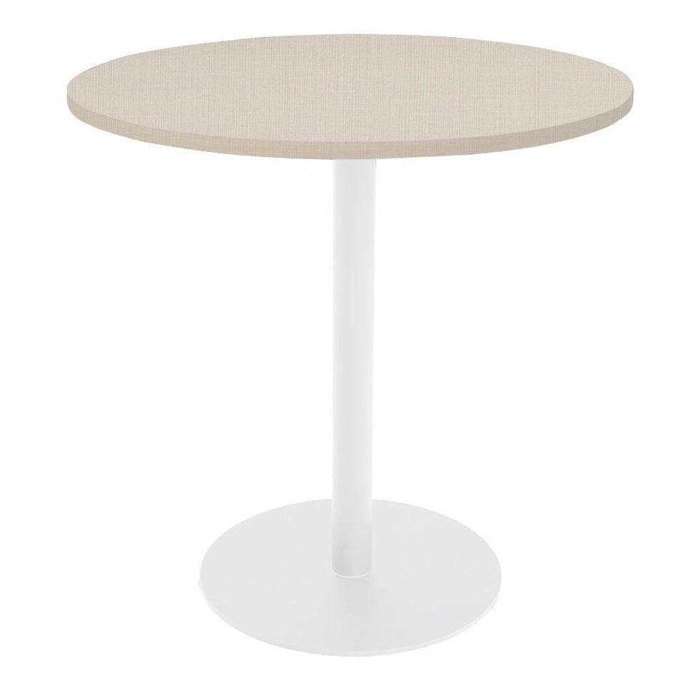 Pacific round dining table with textured beige laminate top and white pedestal base
