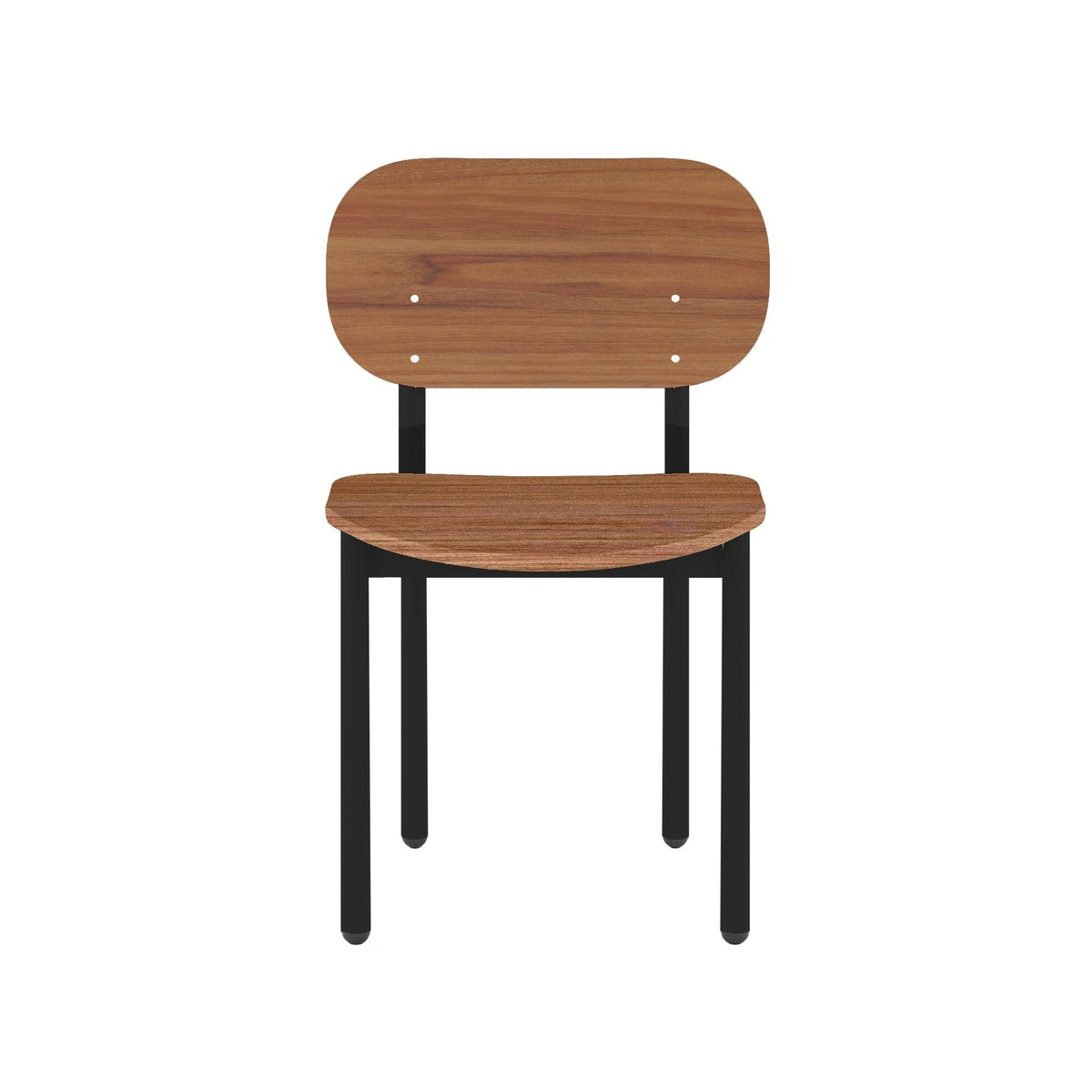 Reddish-brown wood Portland dining chair showing natural grain on black legs