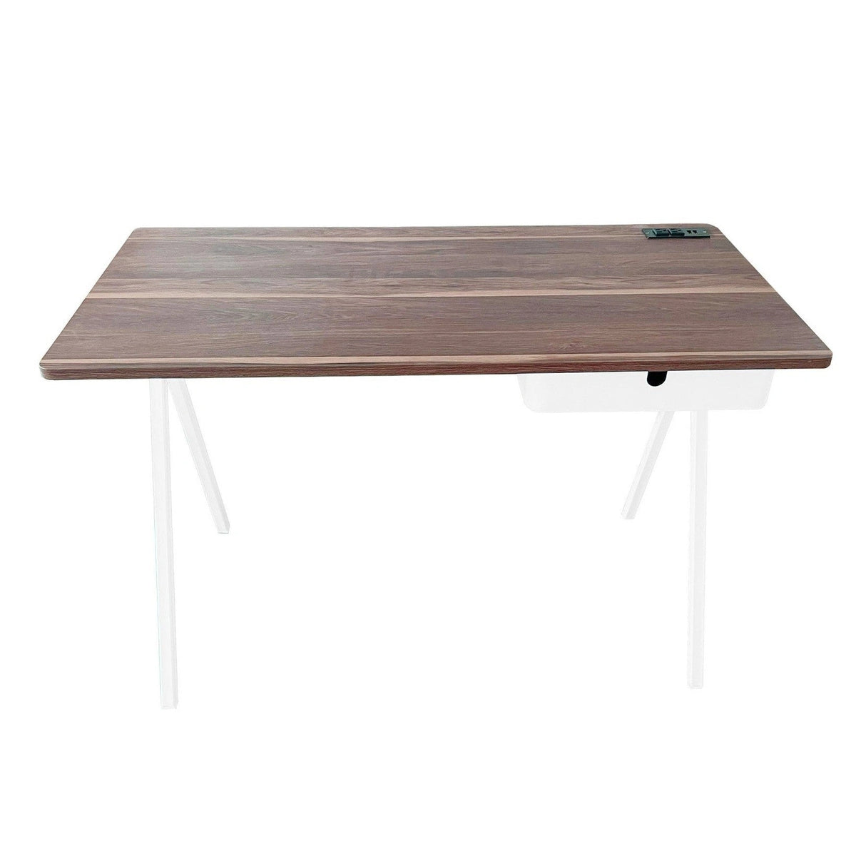 ScanMod medium brown wood-grain desk with white metal frame and power module
