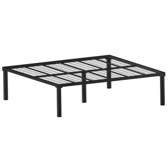 Black metal standard platform bed frame with grid slat support and cylindrical legs