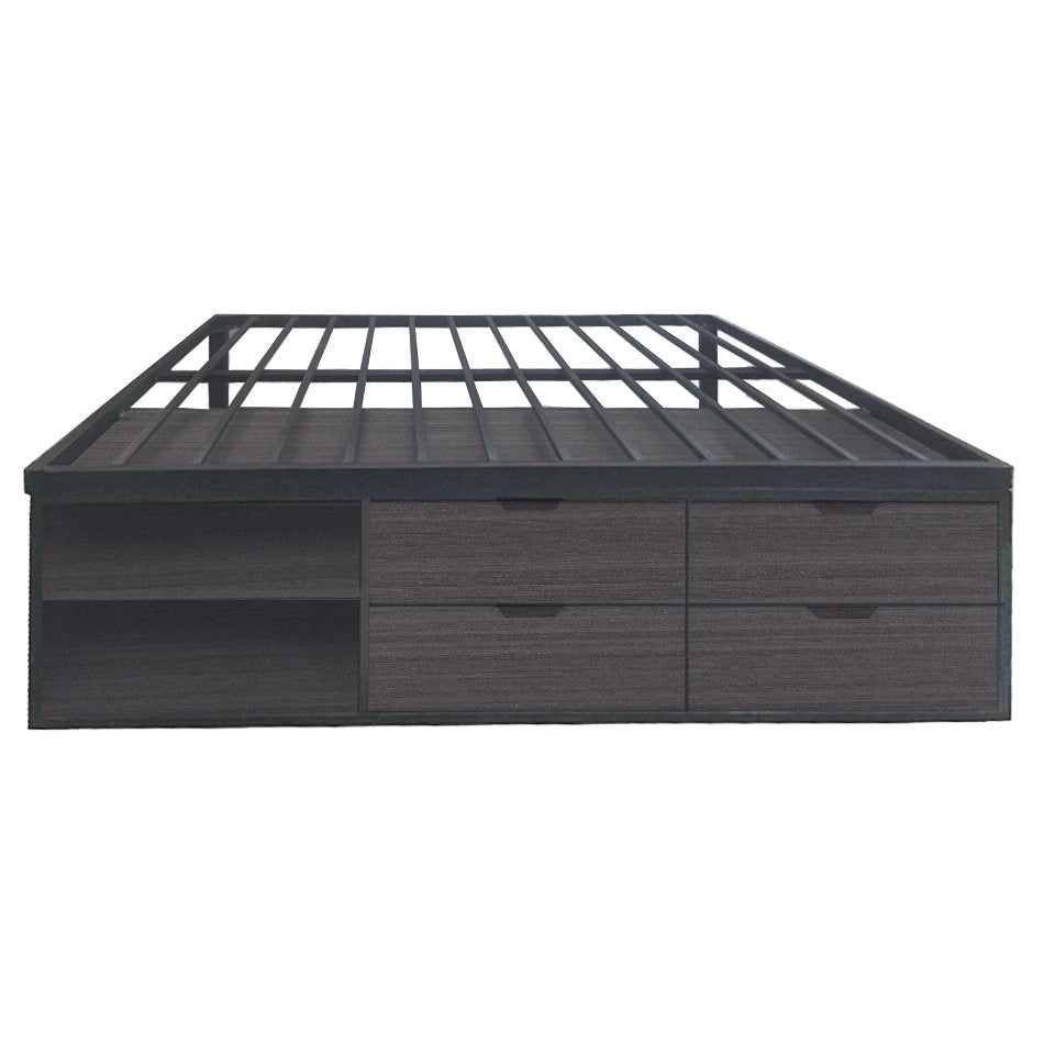 Dark gray Alpha bedframe with metal slat support and underbed storage drawers