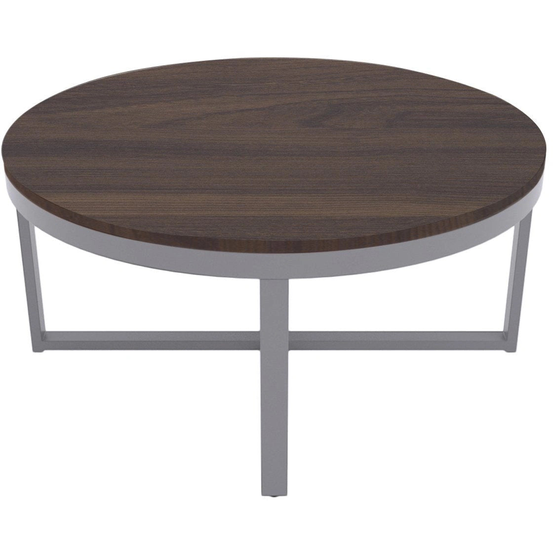Alpha round coffee table with dark brown wood top and grey metal base