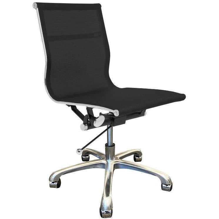 Black mesh desk chair with high backrest and chrome base, no arms