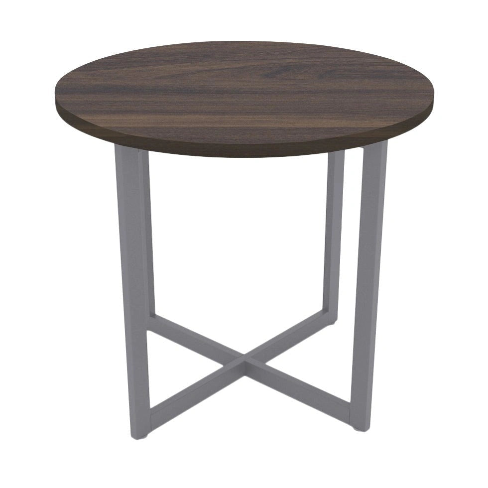 Alpha round side table with dark brown wood-grain top and gray metal X-brace base