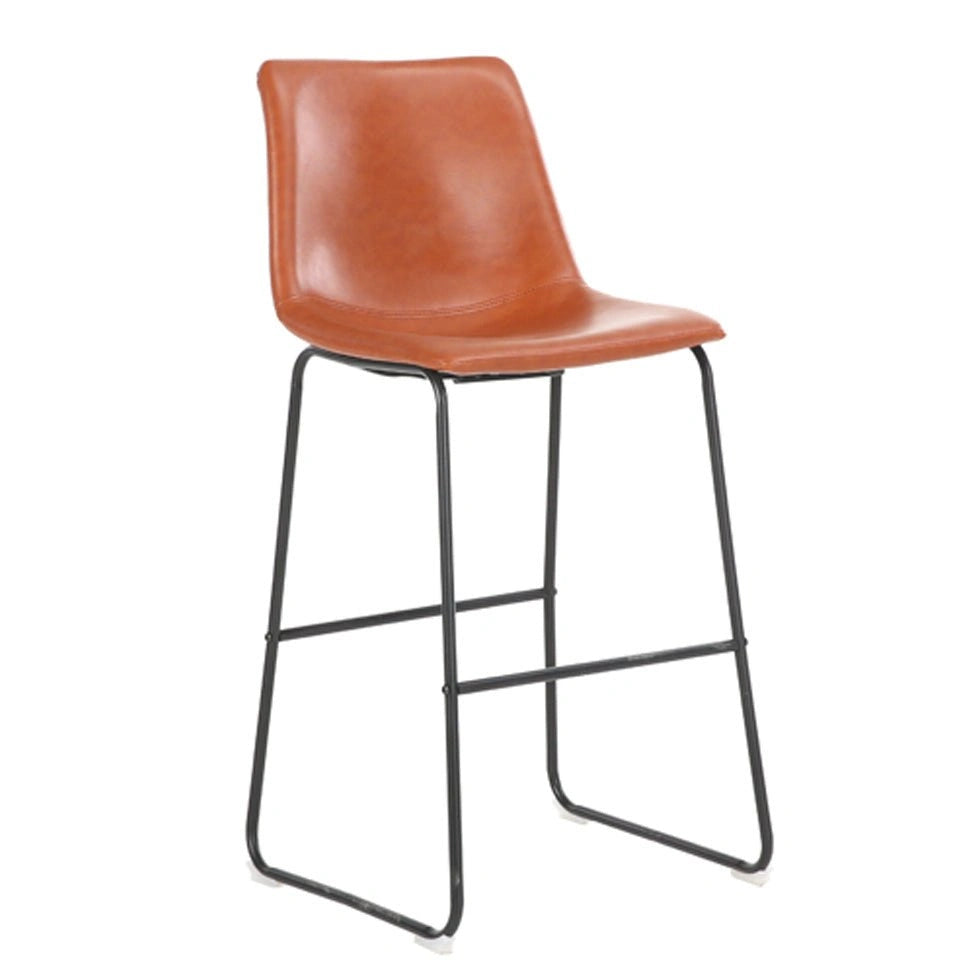 Tan bar-height Alpha stool with curved backrest and black metal frame