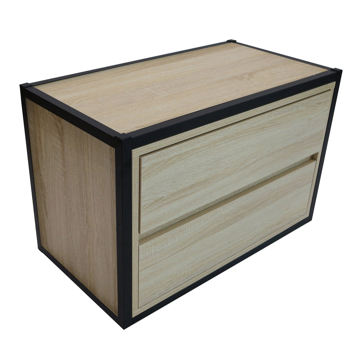 Light oak wood grain two-drawer stackable chest with black metal frame