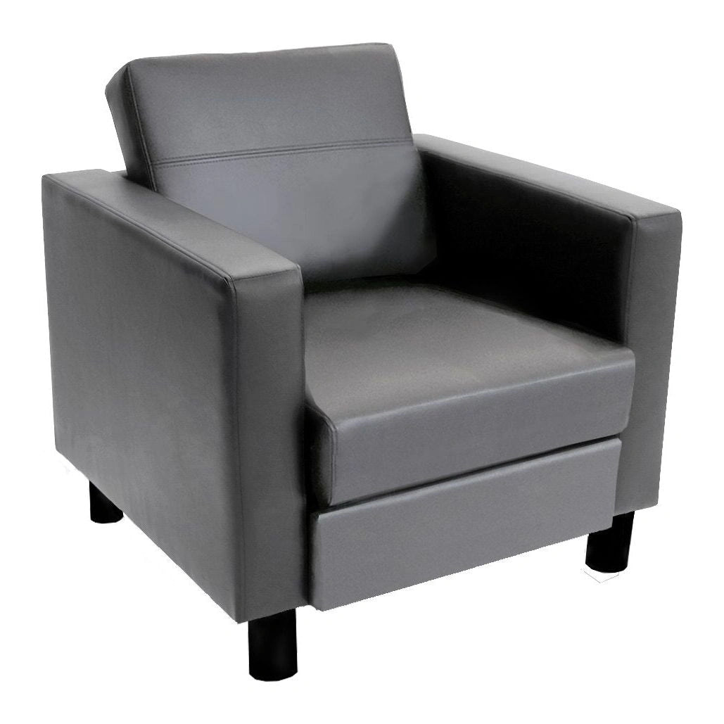 Grey vinyl Austin armchair with modern boxy design and black legs