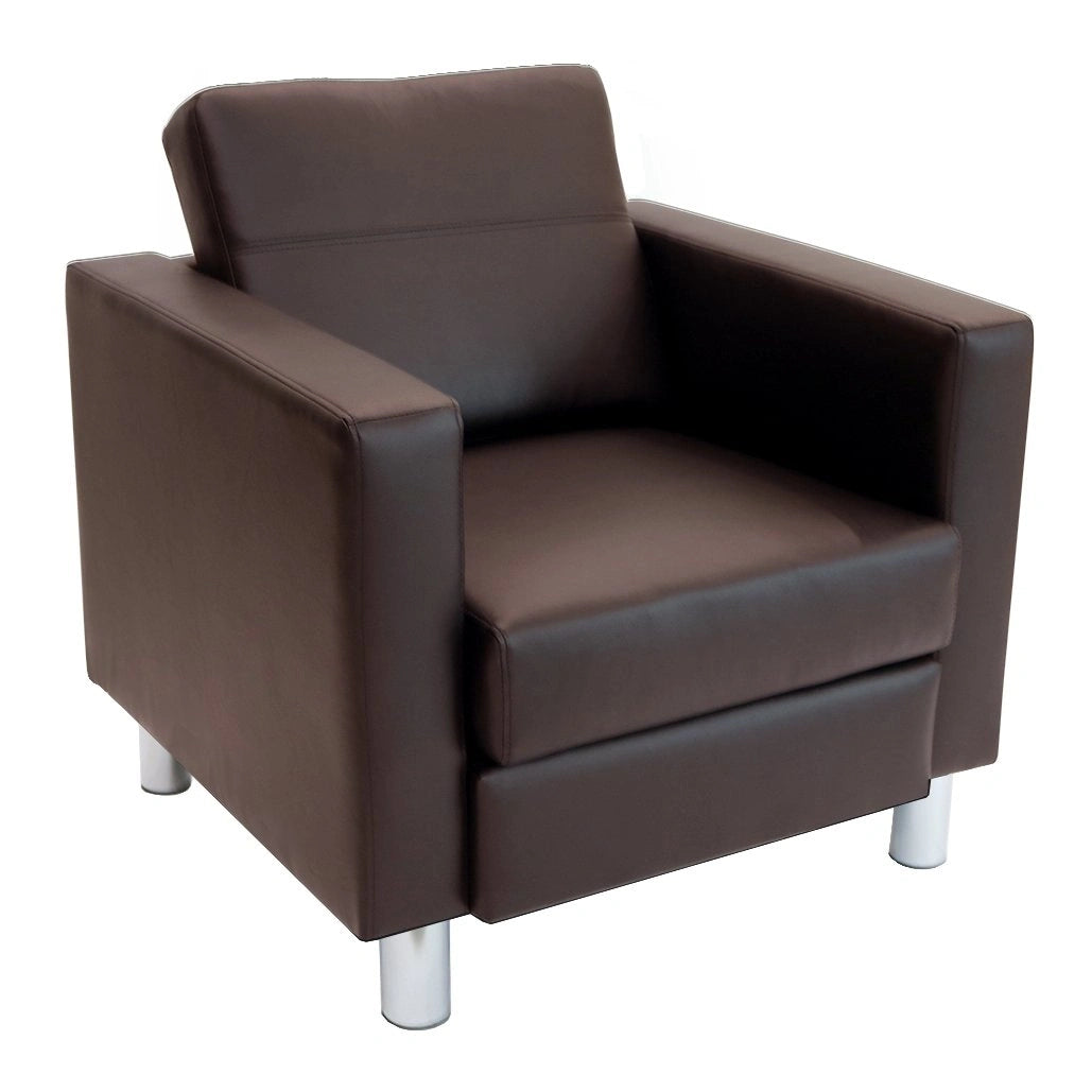Brown leather-like Austin armchair with polished silver tubular legs