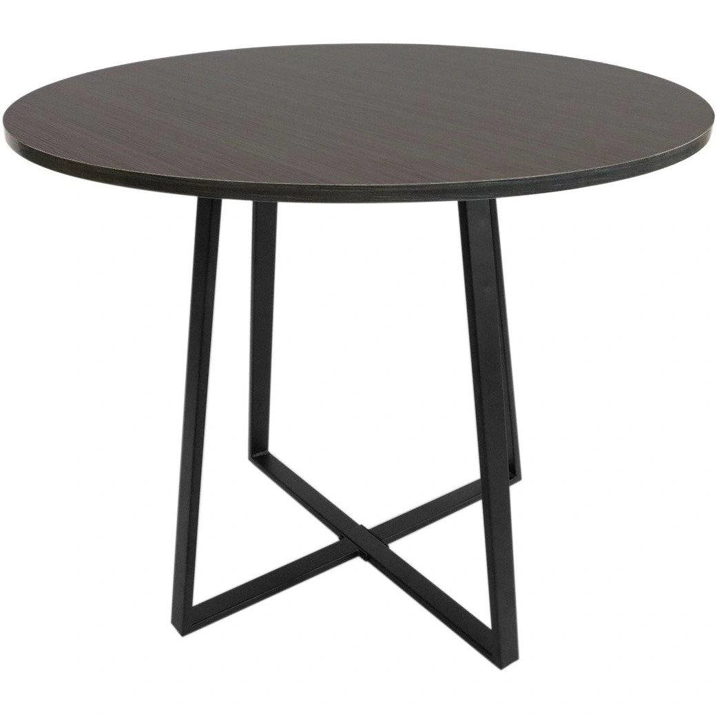 Austin circular dining table featuring black wood grain surface and black X-base