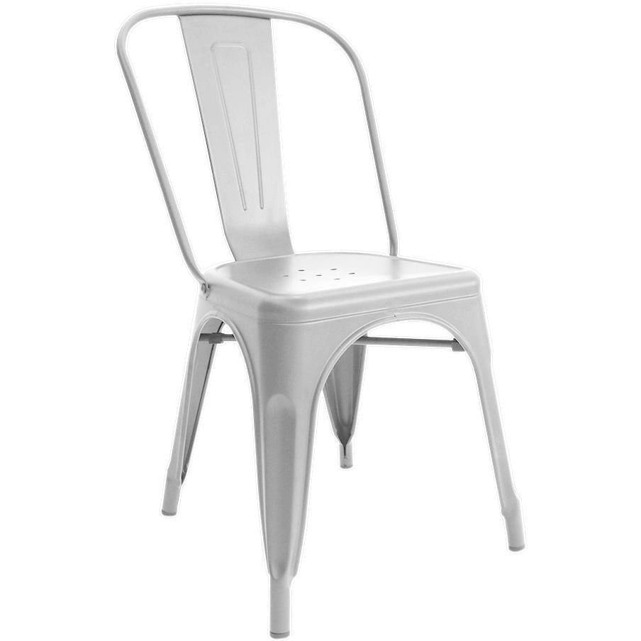 Silver metallic dining chair with open-back frame and vertical panel design
