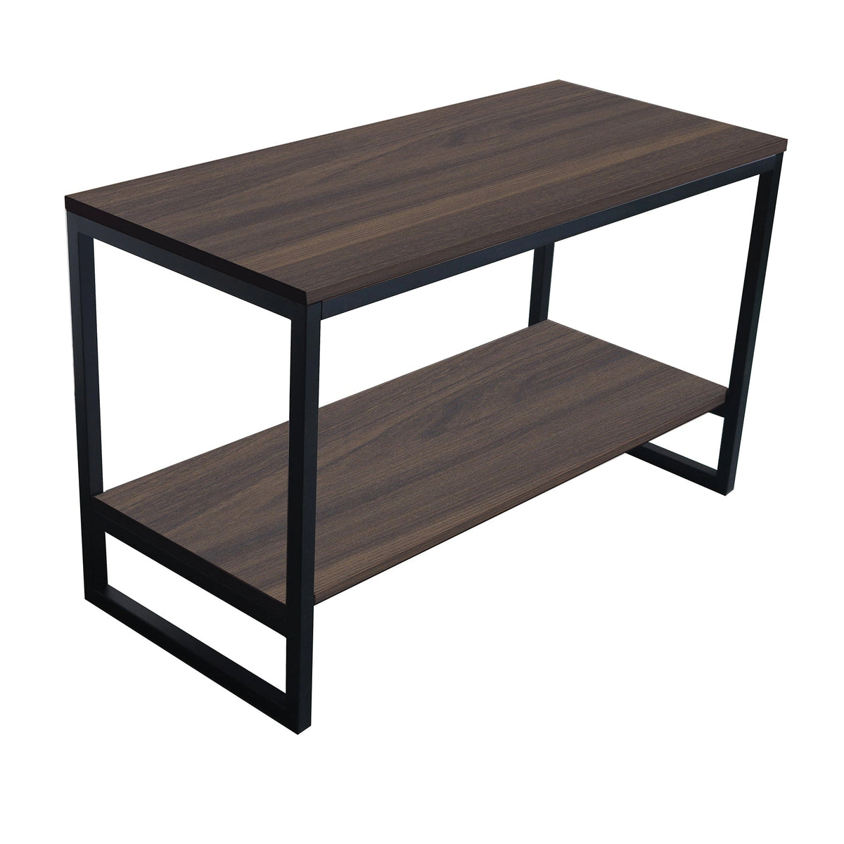 Black metal Austin entertainment unit with espresso wood shelves top view